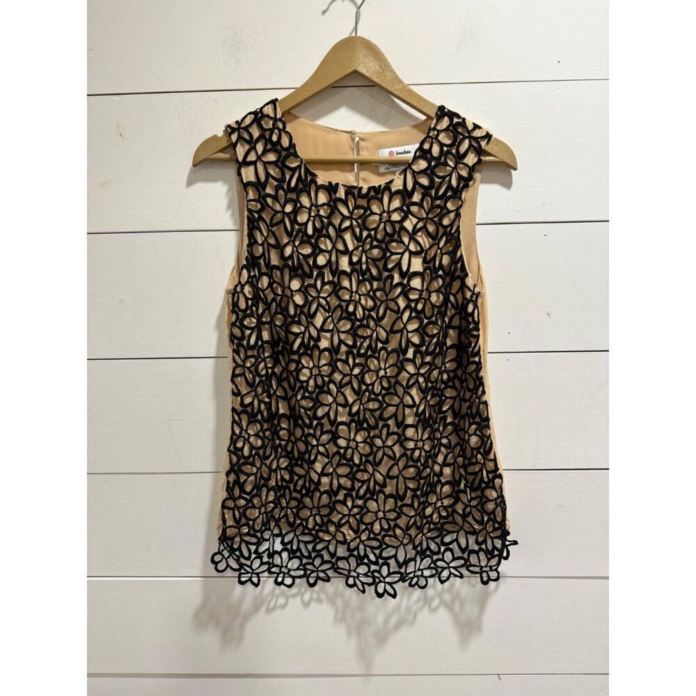 Lela Rose Neiman Marcus for Target Sleeveless Black Guipure Overlay Beige Tank C